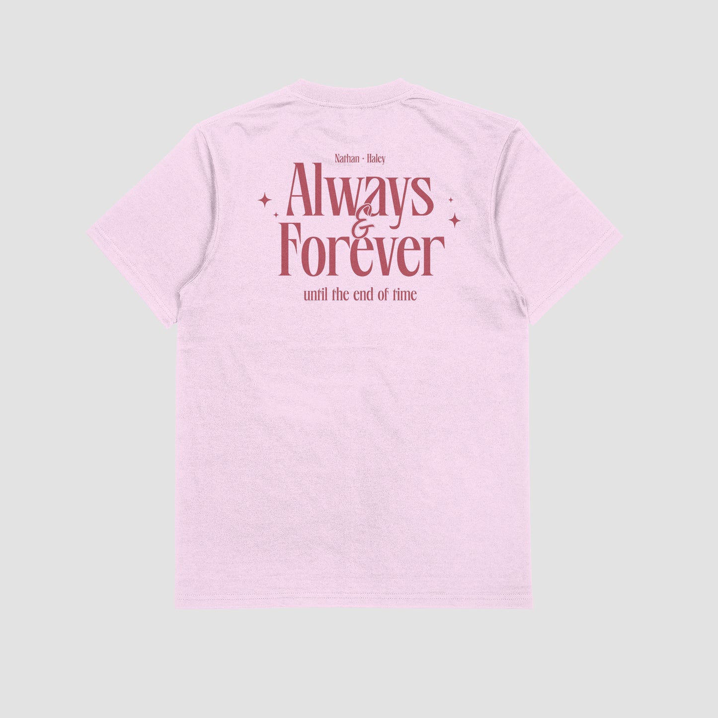 Pink sleeveless top with 'Always & Forever' text on a light gray background