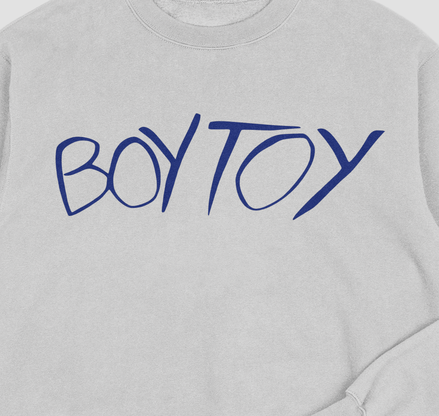 Gray sweatshirt with 'BOY TOY' text in blue on a white background