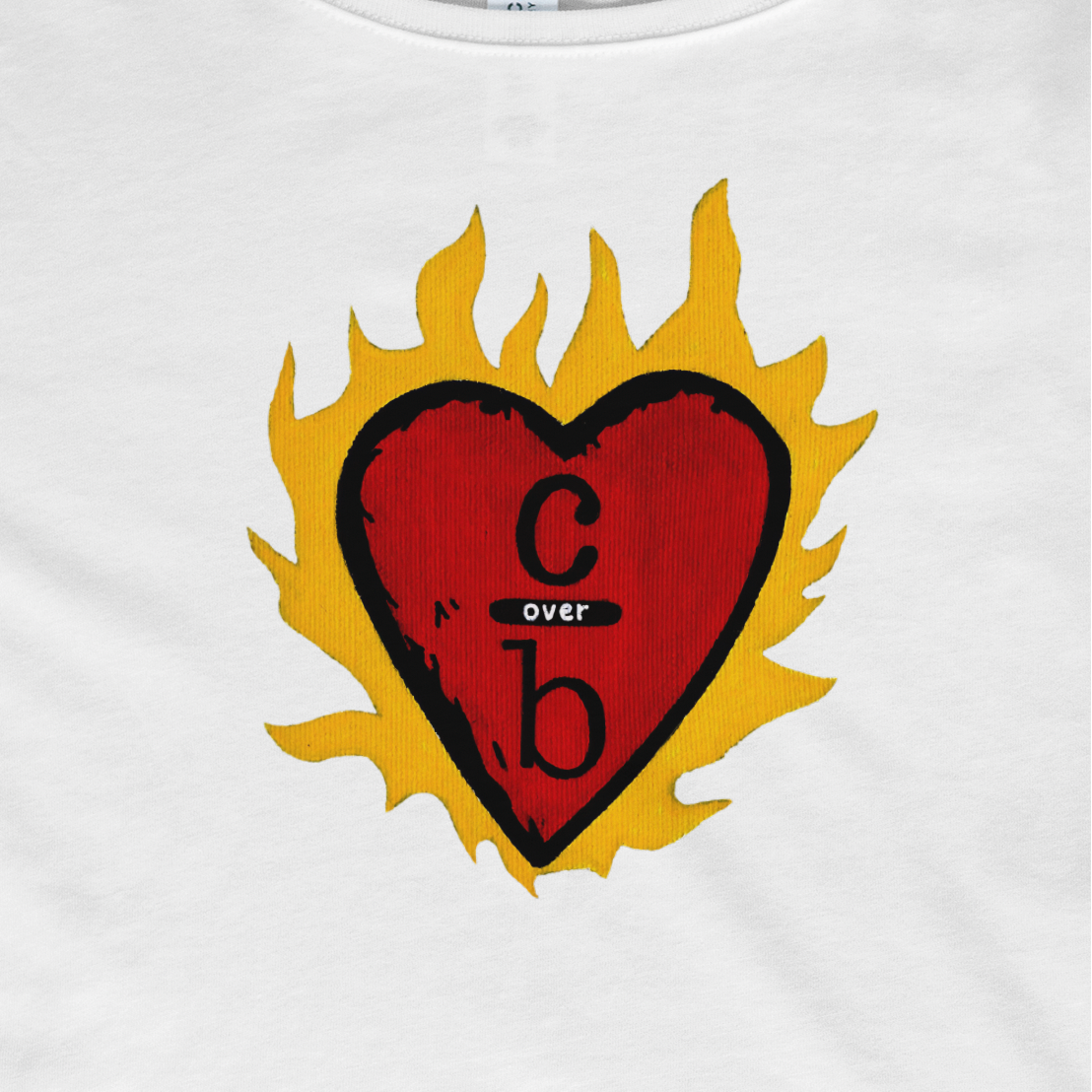 White t-shirt with a red heart design featuring 'cb' and flames on a white background.