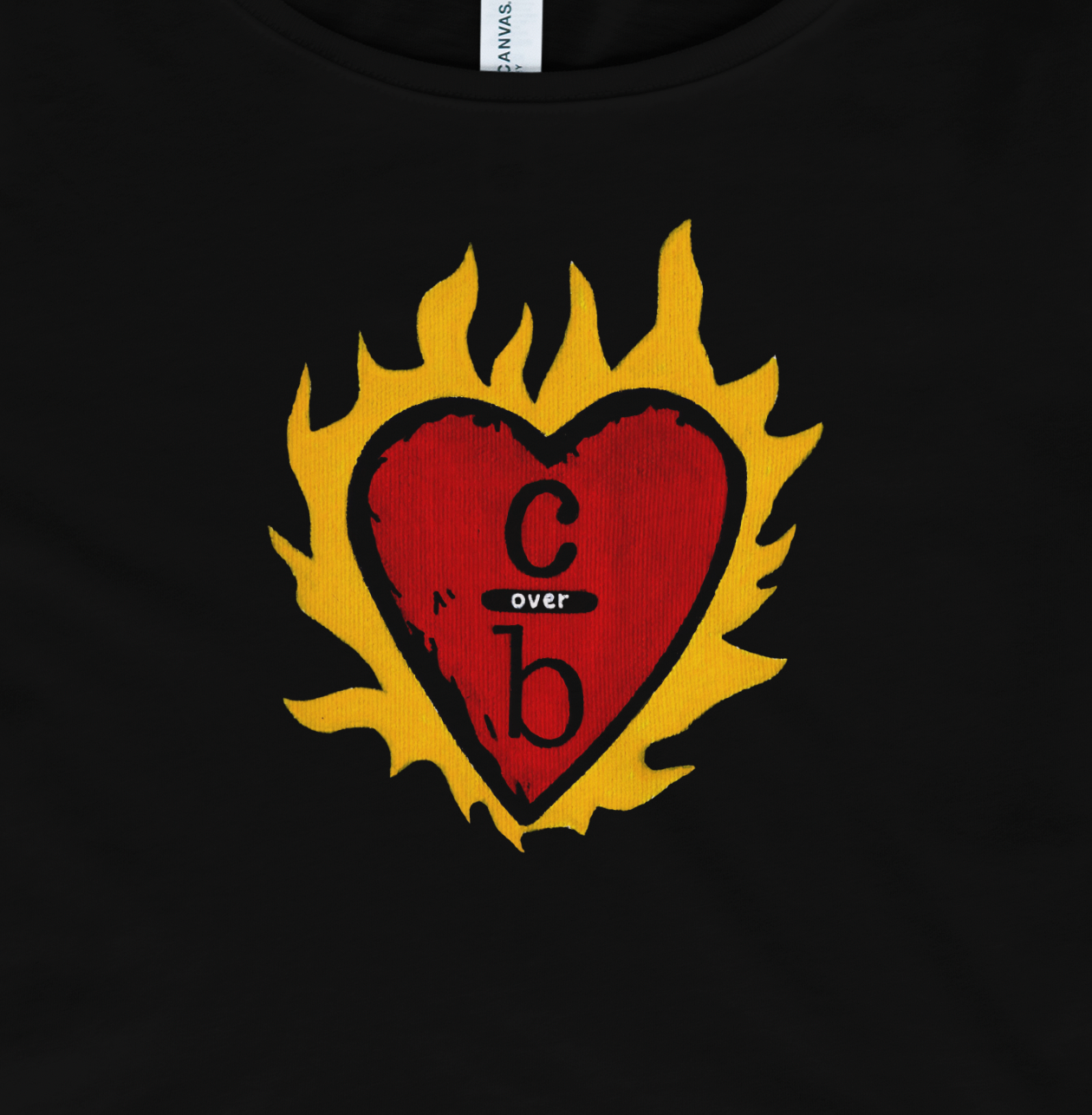 Black t-shirt with a red heart design featuring flames and text on a black background.