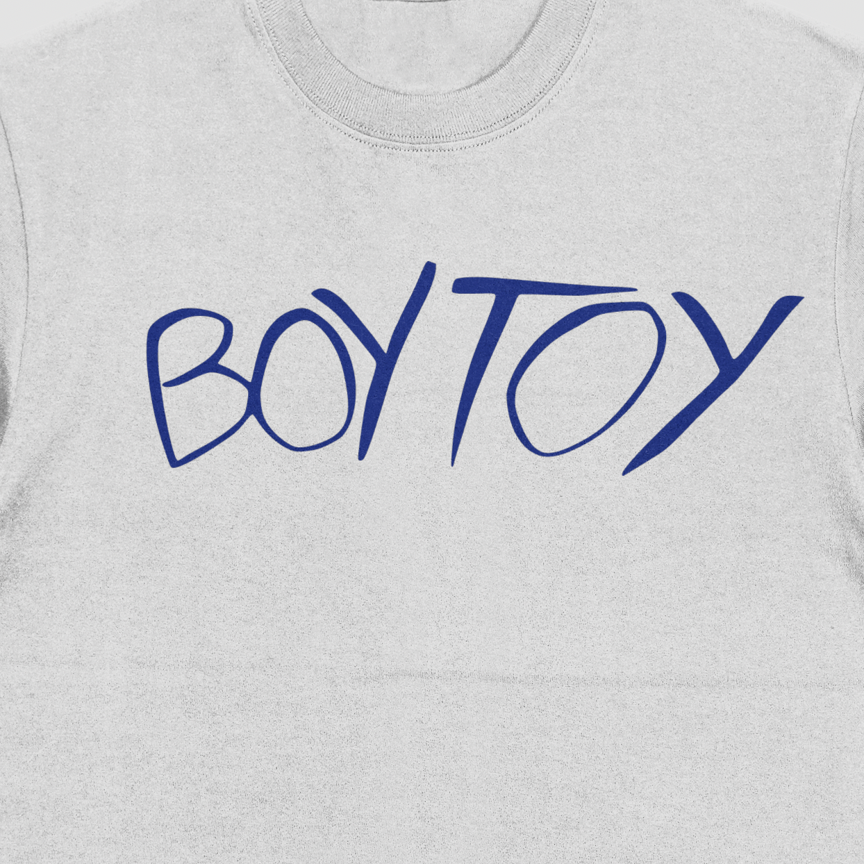 Gray sweatshirt with 'BOY TOY' in blue text on a white background