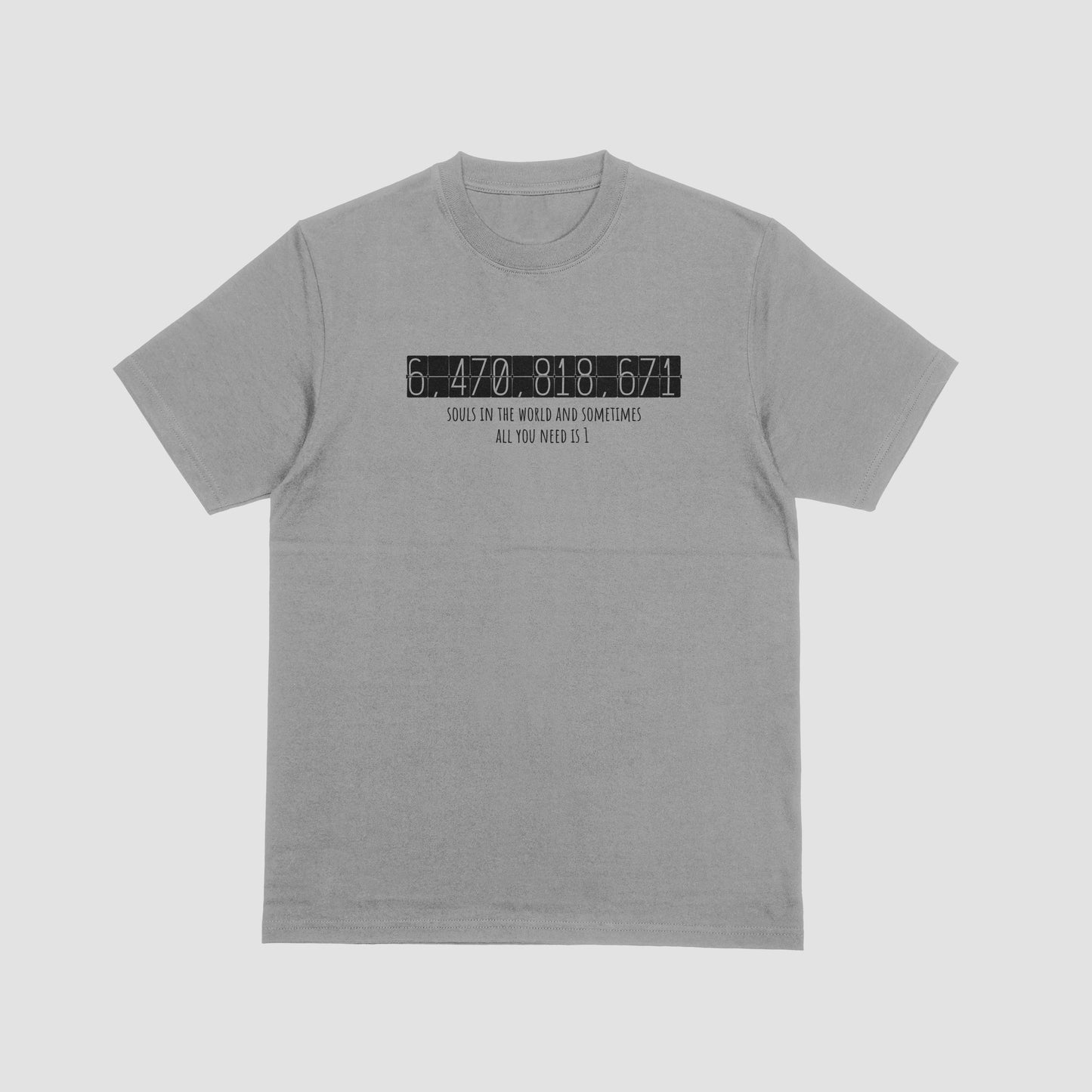 Gray t-shirt with black text on a white background