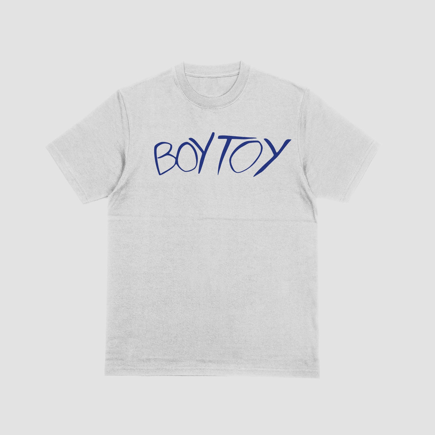 Gray t-shirt with 'BOY TOY' in blue text on a white background