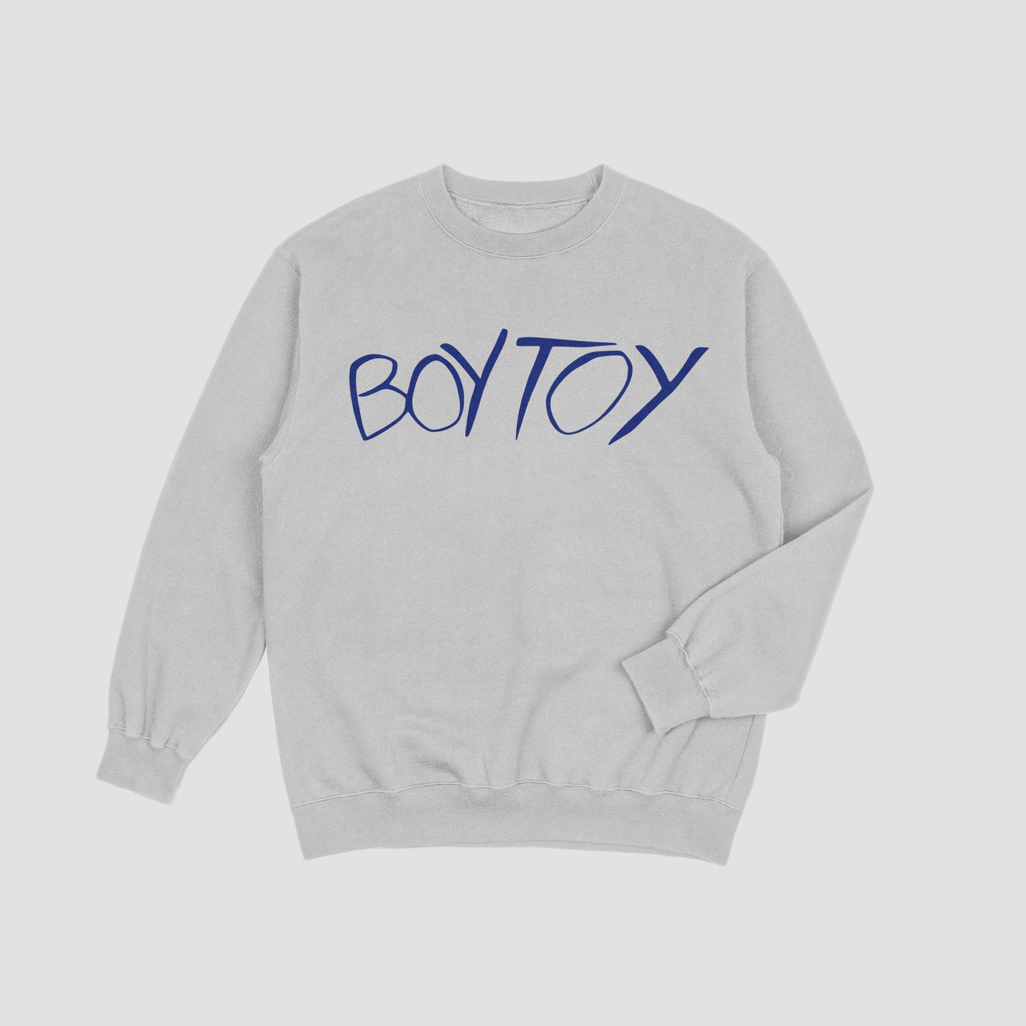 Gray sweatshirt with 'BOYTOY' text in blue on a light gray background