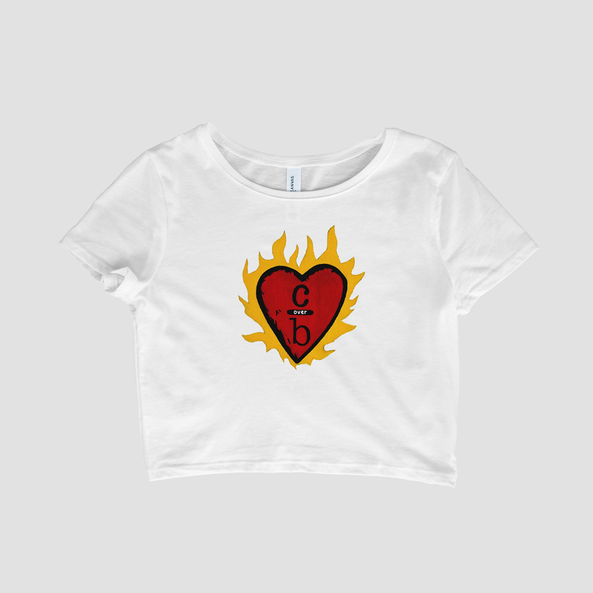White crop top with a red heart design featuring flames on a white background