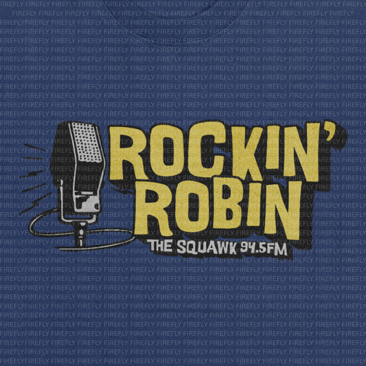 Logo with microphone and 'Rockin' Robin The Squawky 94.5FM' text on a blue background