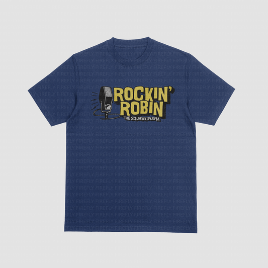 Blue t-shirt with 'Rockin' Robin' graphic on a light gray background