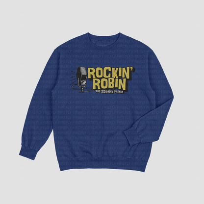 Blue sweatshirt with 'Rockin' Robin' text and microphone graphic on a light gray background