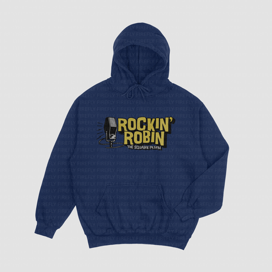 Blue hoodie with 'Rockin' Robin' logo on a light gray background