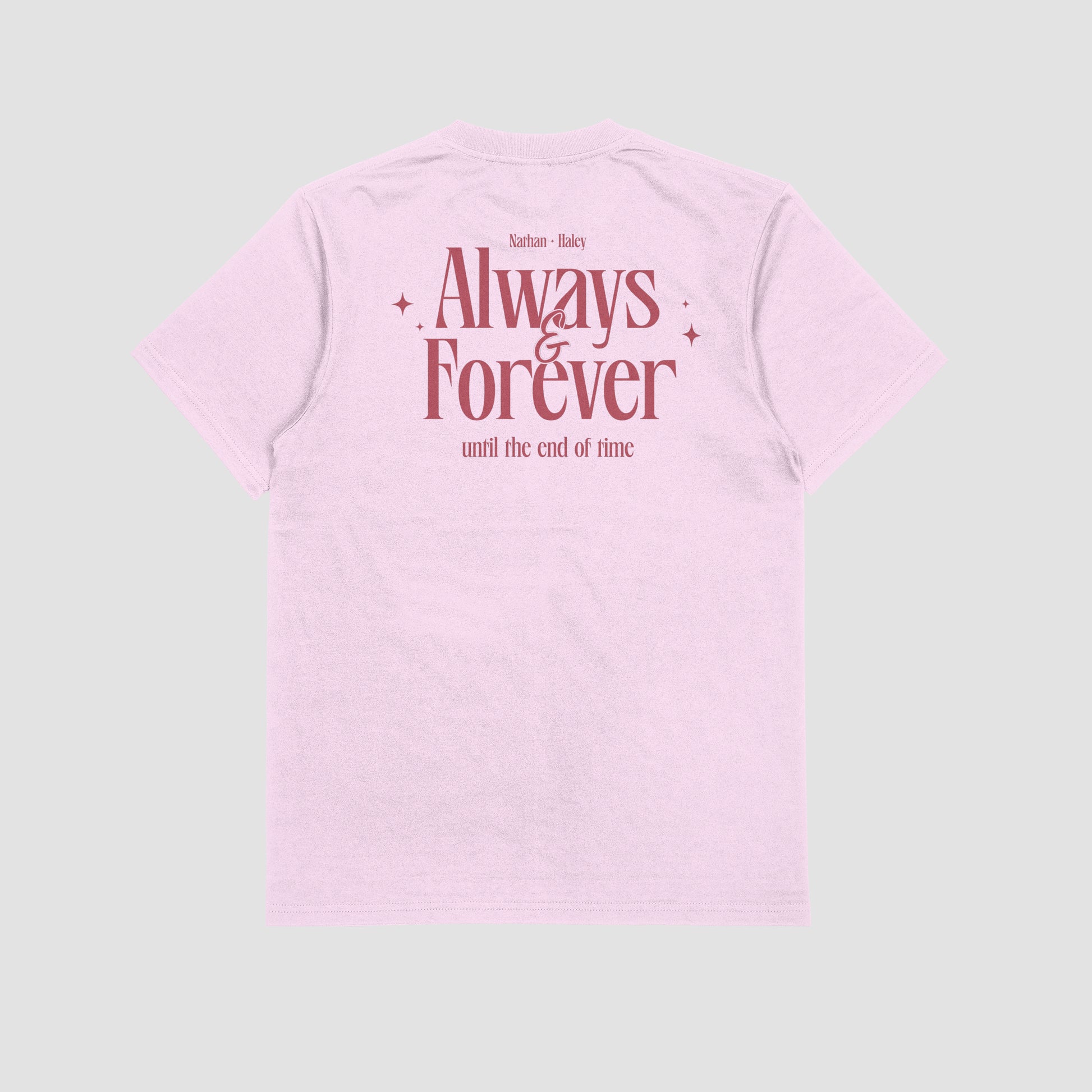 Pink sleeveless top with 'Always & Forever' text on a light gray background