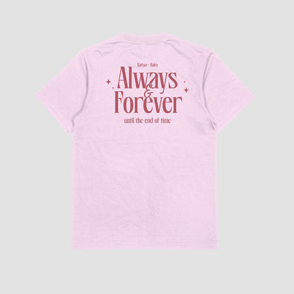 Pink sleeveless top with 'Always & Forever' text on a light gray background