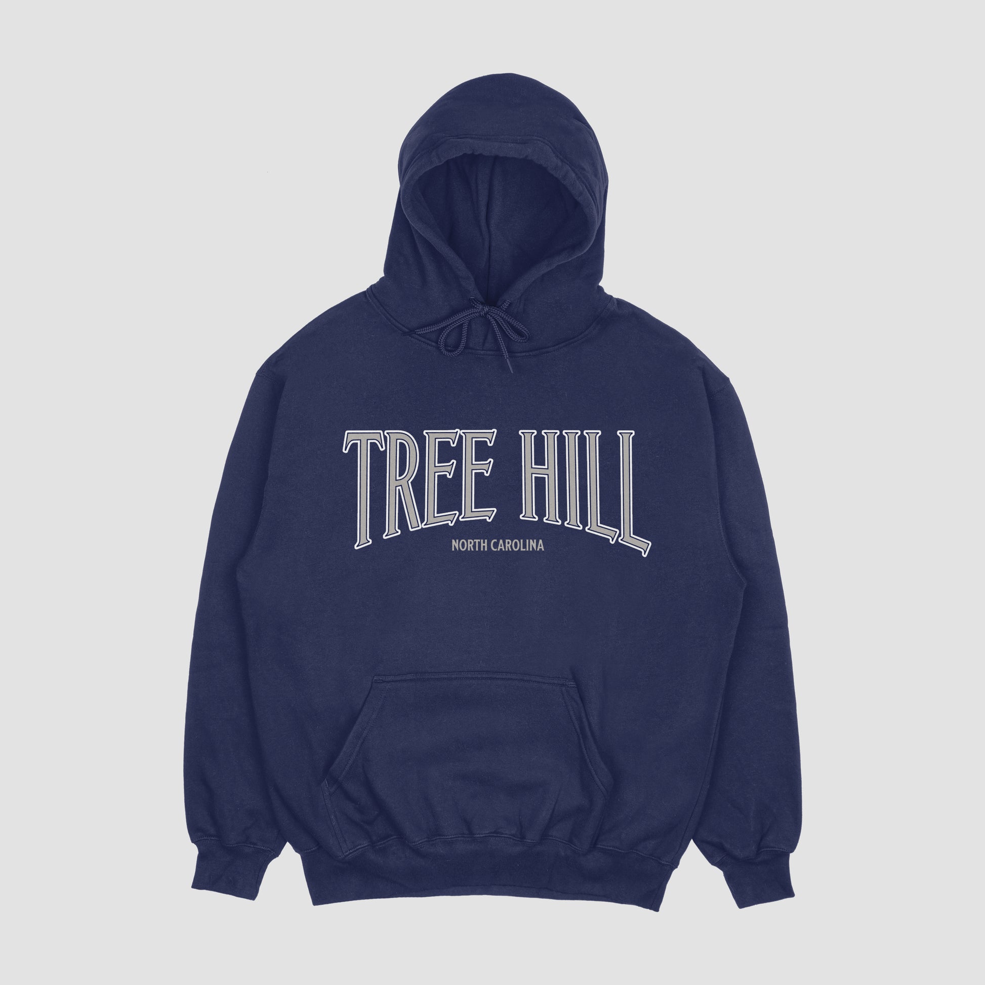 Navy blue hoodie with 'Tree Hill' text on a light gray background