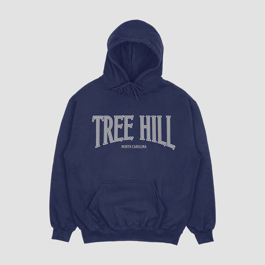Navy blue hoodie with 'Tree Hill' text on a light gray background