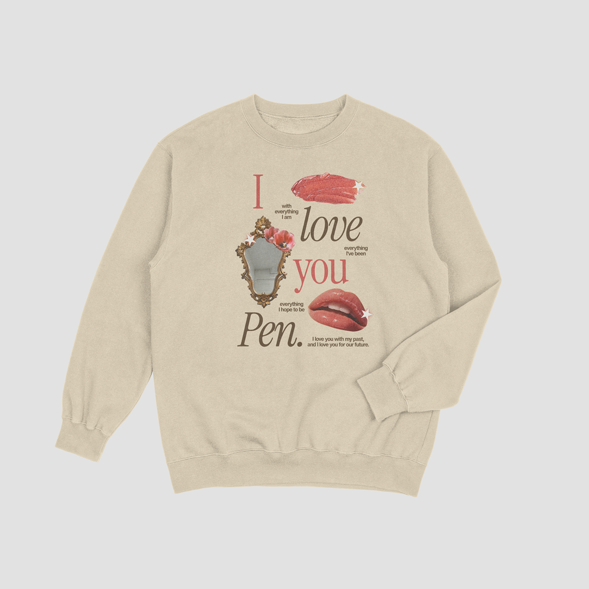 Beige sweatshirt with graphic design on a light gray background