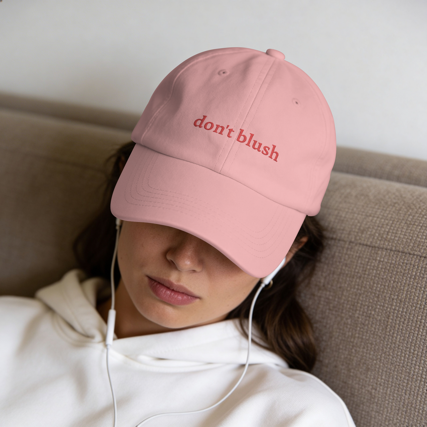 Don't Blush Embroidered White Cotton Baseball Hat