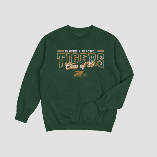 Green sweatshirt with 'Tigers Class of 89' text on a light gray background