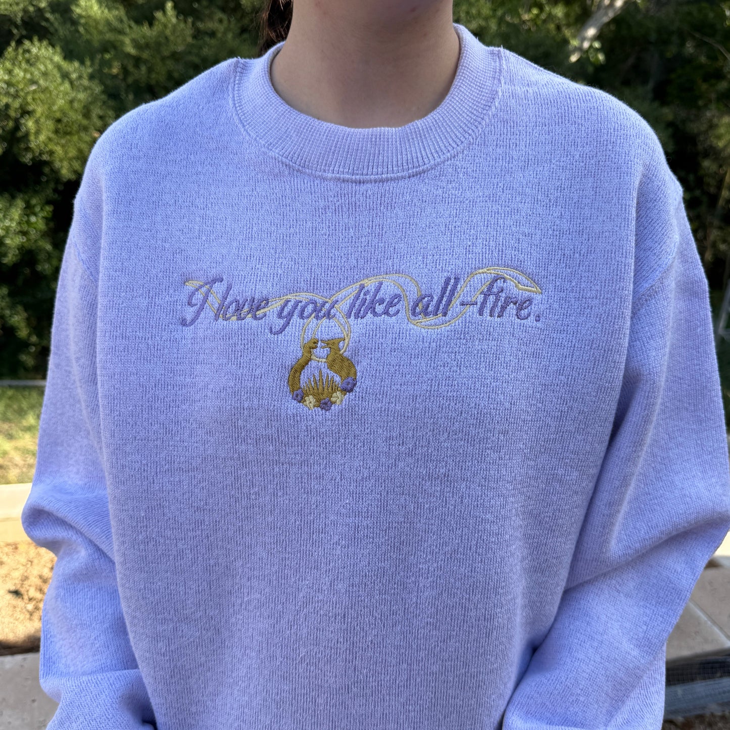 I Love You Like All-Fire: Embroidered Knit-Fleece Crewneck Sweater
