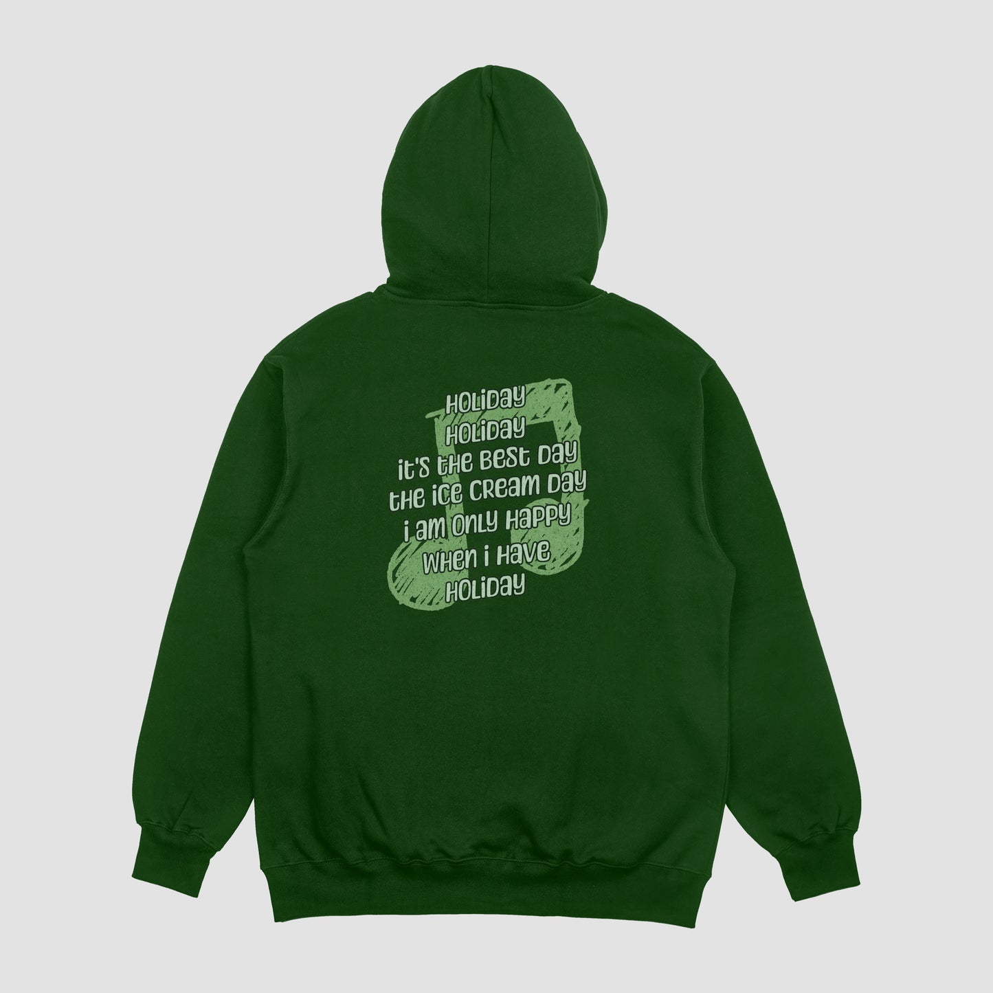 Green hoodie with text on the back against a light gray background