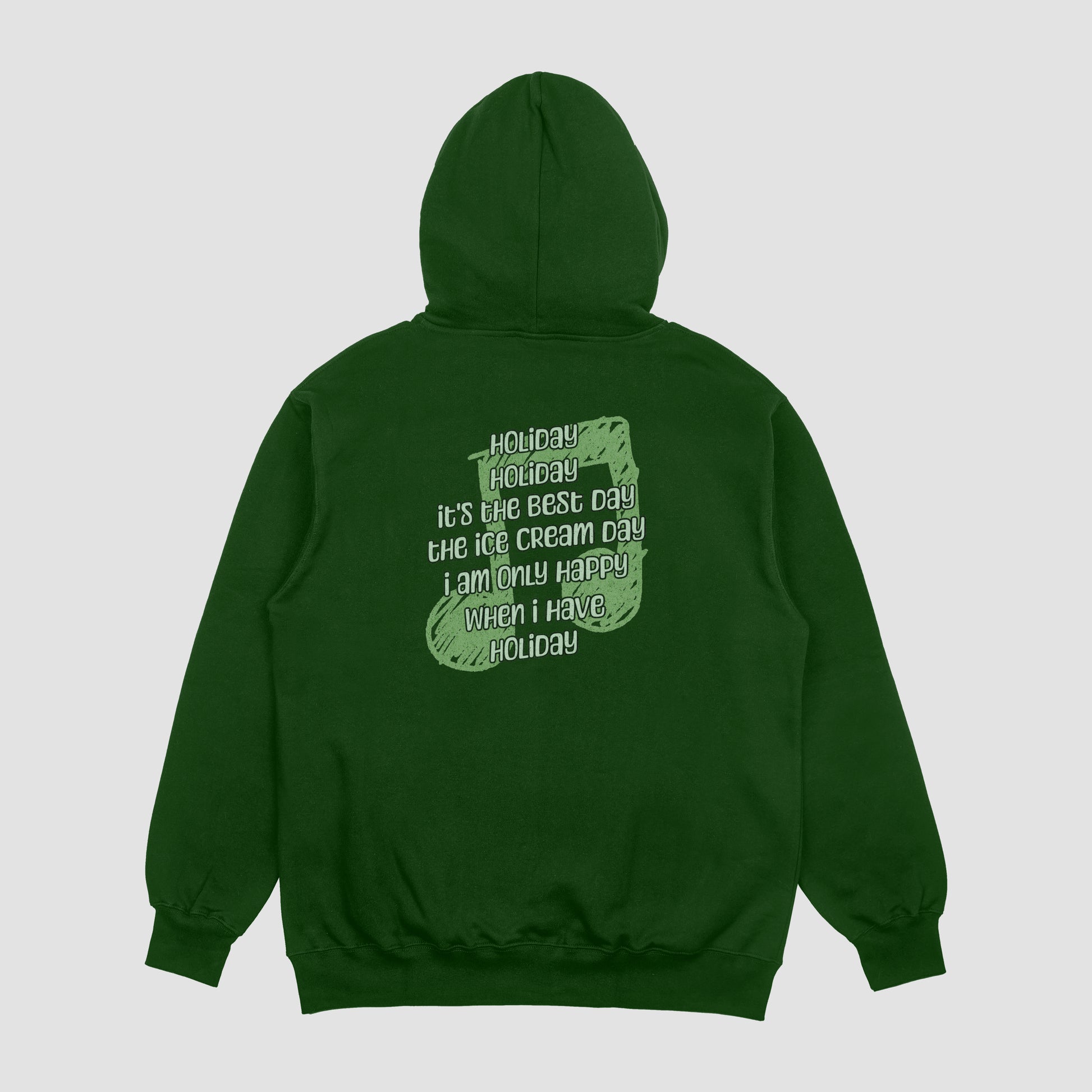 Green hoodie with text on the back against a light gray background