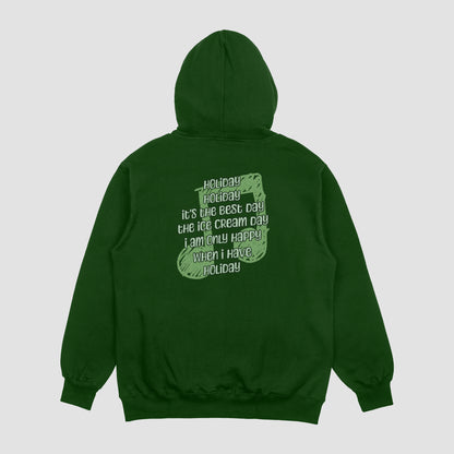 Green hoodie with text on the back against a light gray background