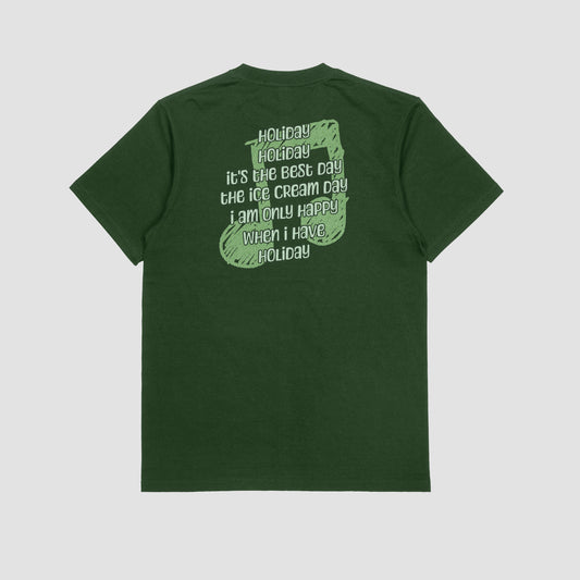 Green t-shirt with text on the back against a white background