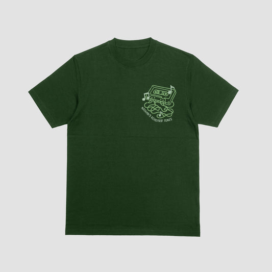 Green t-shirt with a graphic design on a light gray background
