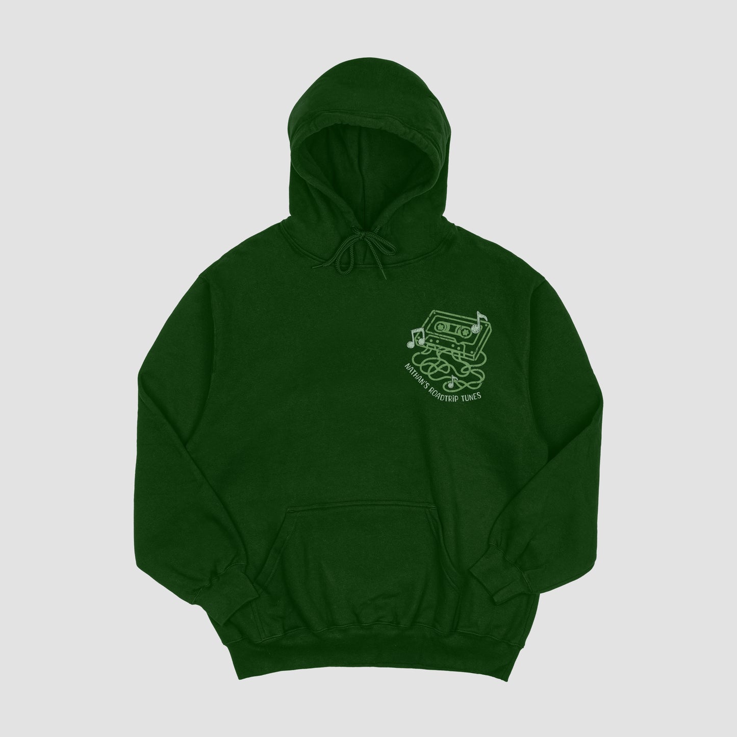 Green hoodie with a logo on the chest against a light gray background
