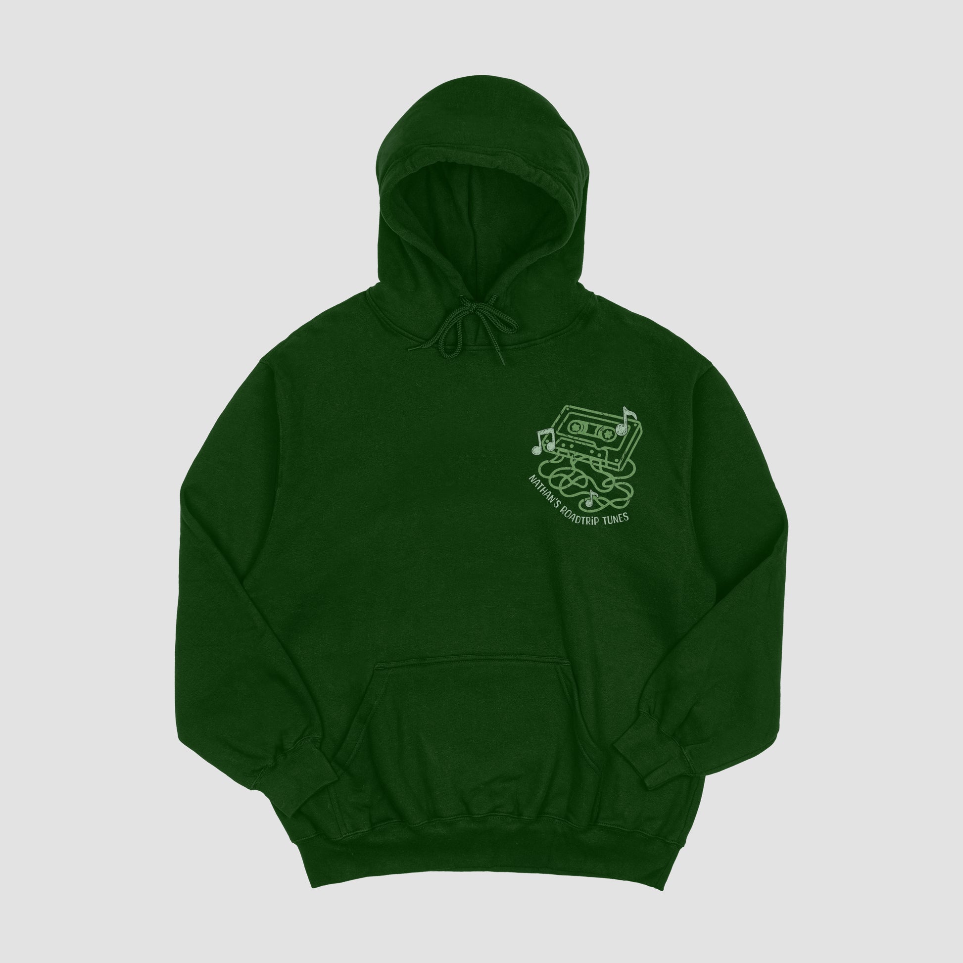 Green hoodie with a logo on the chest against a light gray background