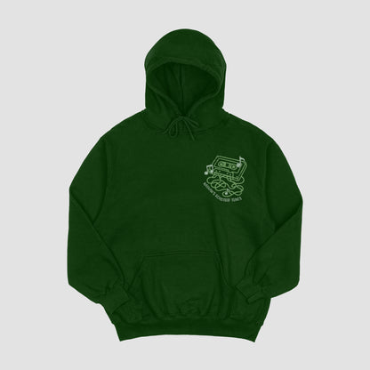 Green hoodie with a logo on the chest against a light gray background