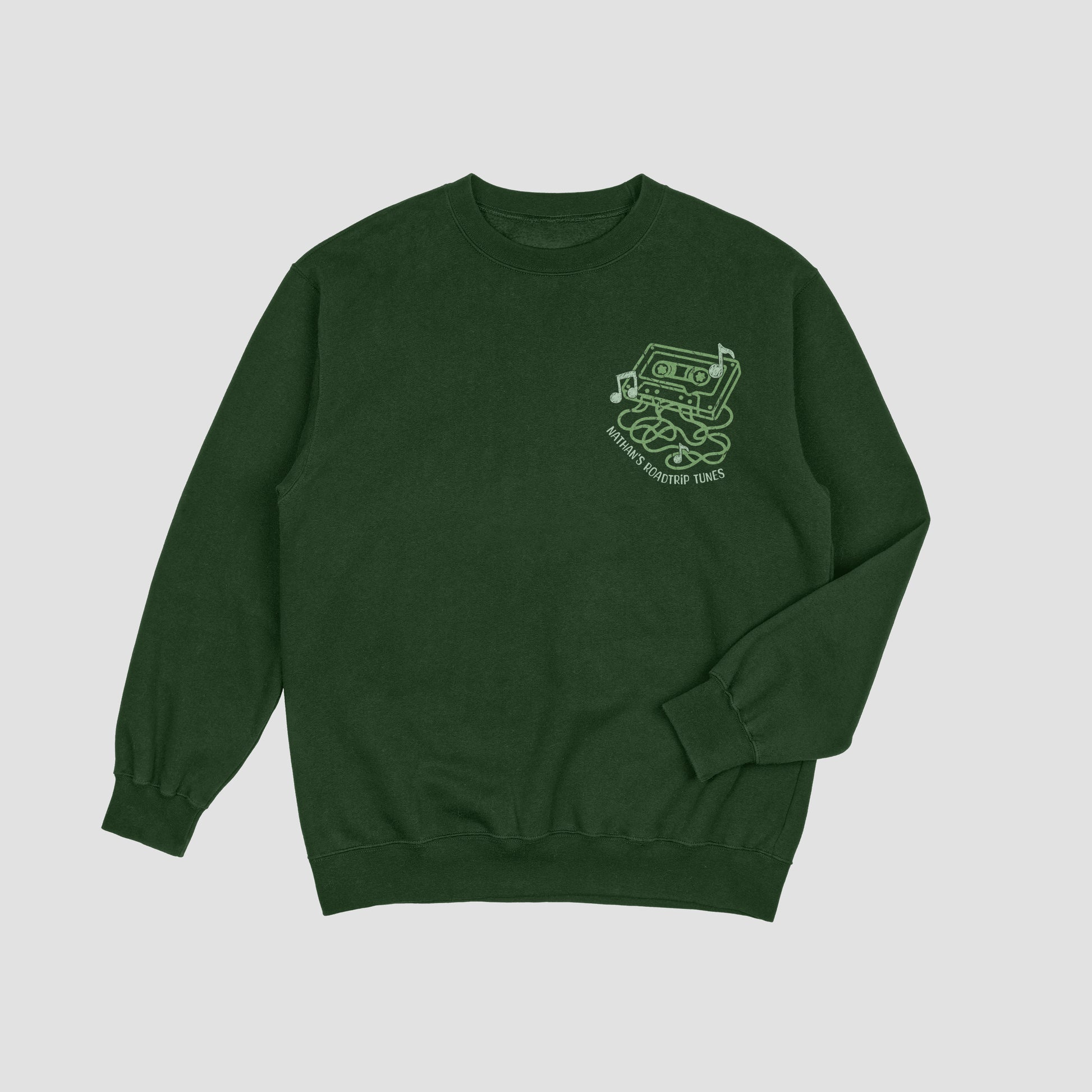 Green sweatshirt with a logo on a light gray background