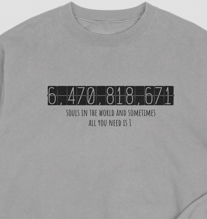 Gray sweatshirt with black text on a white background