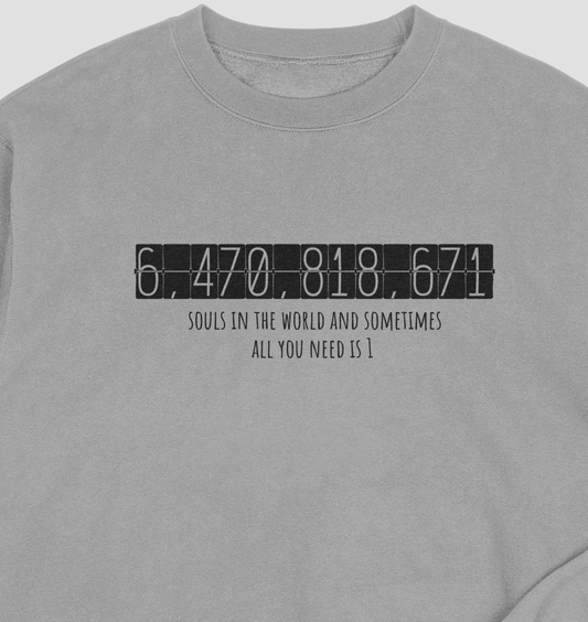 Gray sweatshirt with black text on a white background