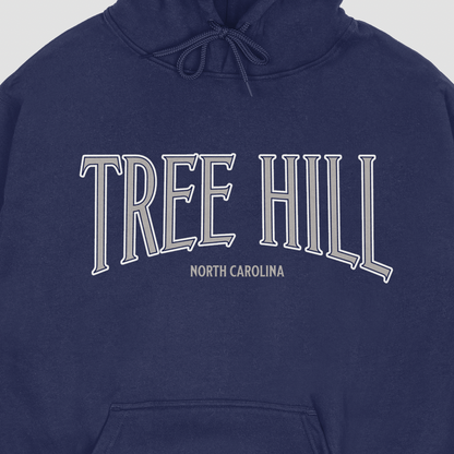 Navy blue hoodie with 'Tree Hill North Carolina' text on a white background
