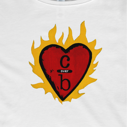 White t-shirt with a red heart design featuring 'cb' and flames on a white background.