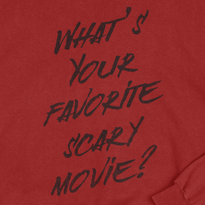 Red sweatshirt with black text 'What's Your Favorite Scary Movie?'