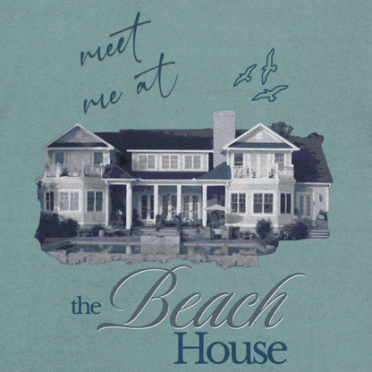 Illustration of a beach house with text 'meet me at the Beach House' on a teal background