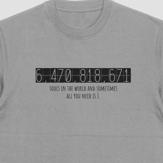Gray t-shirt with black text design on a white background