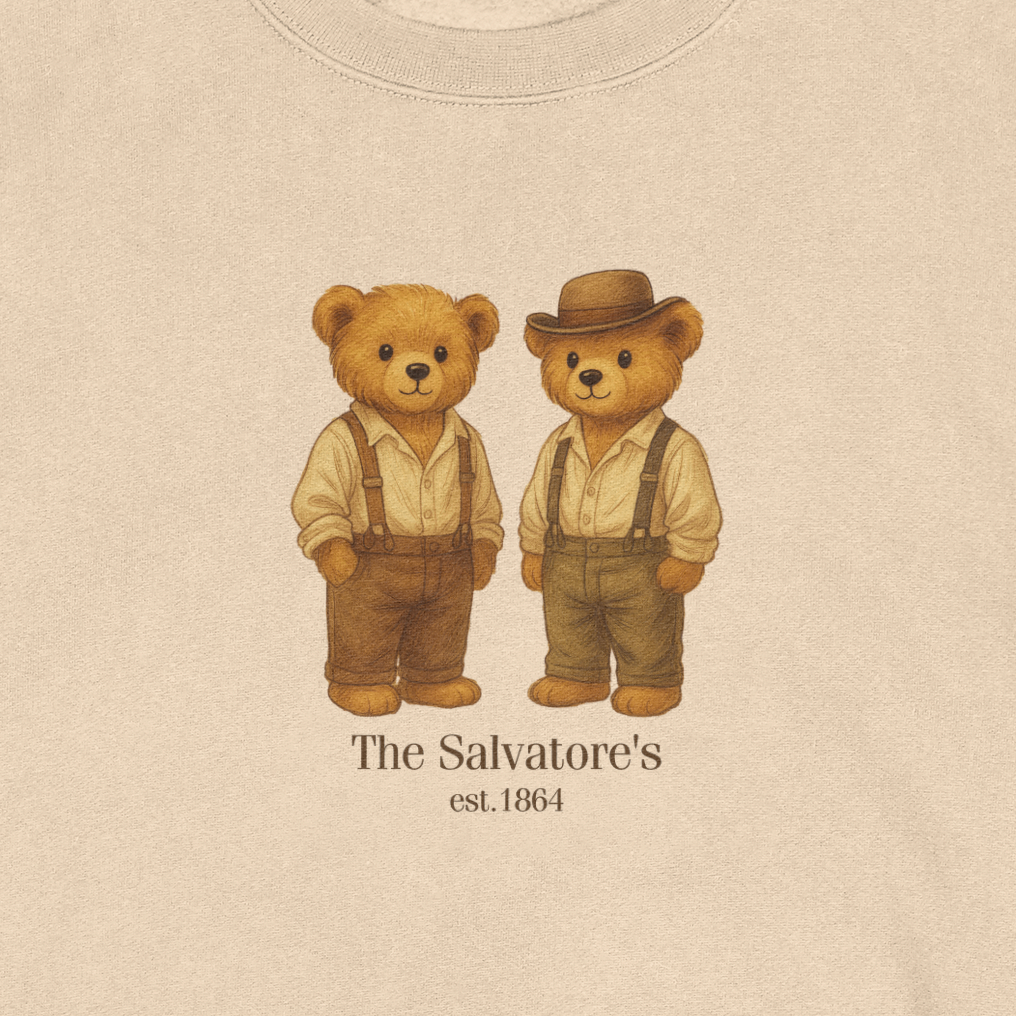 Two teddy bears in vintage attire with 'The Salvatore's est. 1864' text on a beige background.
