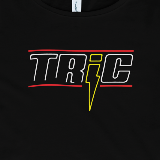 Black t-shirt with 'TRIC' logo featuring a yellow lightning bolt on a black background