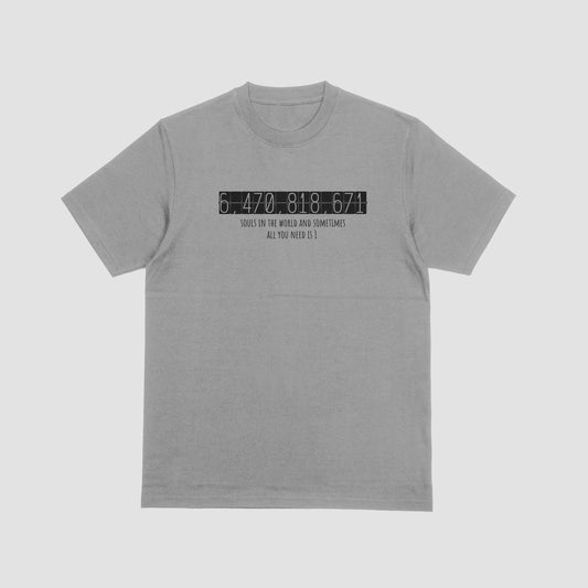 Gray t-shirt with black text on a white background