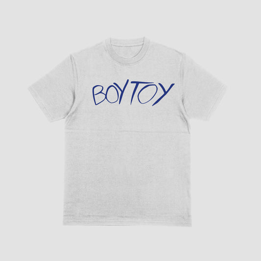 Gray t-shirt with 'BOY TOY' in blue text on a white background