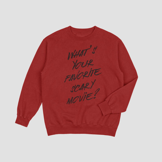 Red sweatshirt with text 'What's Your Favorite Scary Movie?' on a light gray background
