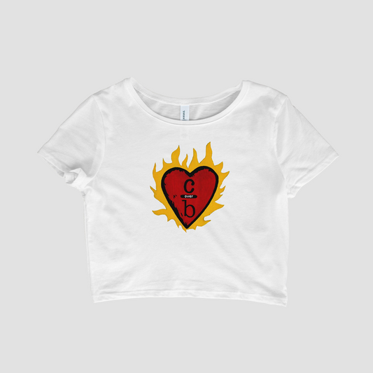 White crop top with a red heart design featuring flames on a white background