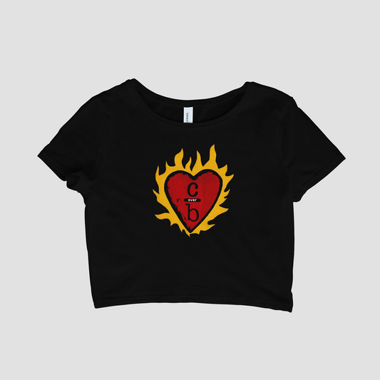 Black crop top with a red heart and flames graphic on a light gray background